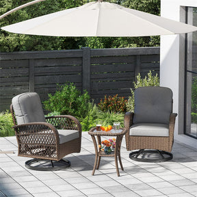 3 Piece Patio Wicker Swivel Rocker Chair Set, Outdoor Rattan Glider Bistro Furniture Set with 2-Tier Tempered Glass Side Table & Cushions