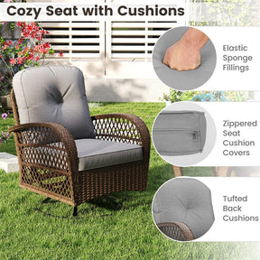 3 Piece Patio Wicker Swivel Rocker Chair Set, Outdoor Rattan Glider Bistro Furniture Set with 2-Tier Tempered Glass Side Table & Cushions