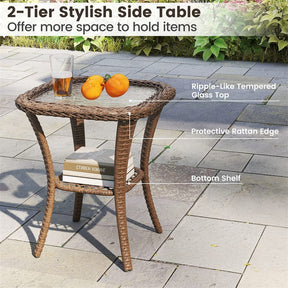 3 Piece Patio Wicker Swivel Rocker Chair Set, Outdoor Rattan Glider Bistro Furniture Set with 2-Tier Tempered Glass Side Table & Cushions