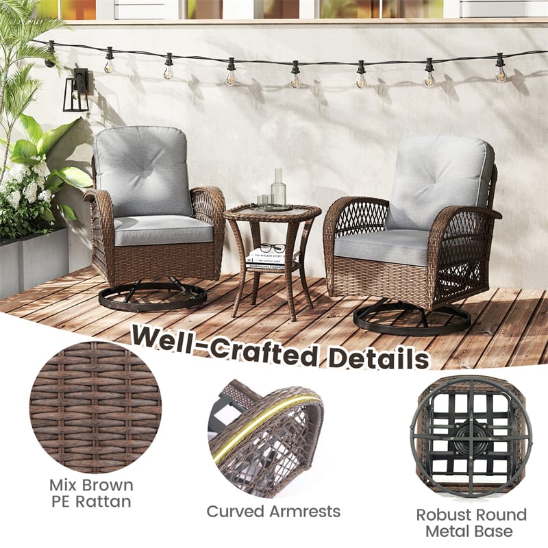 3 Piece Patio Wicker Swivel Rocker Chair Set, Outdoor Rattan Glider Bistro Furniture Set with 2-Tier Tempered Glass Side Table & Cushions
