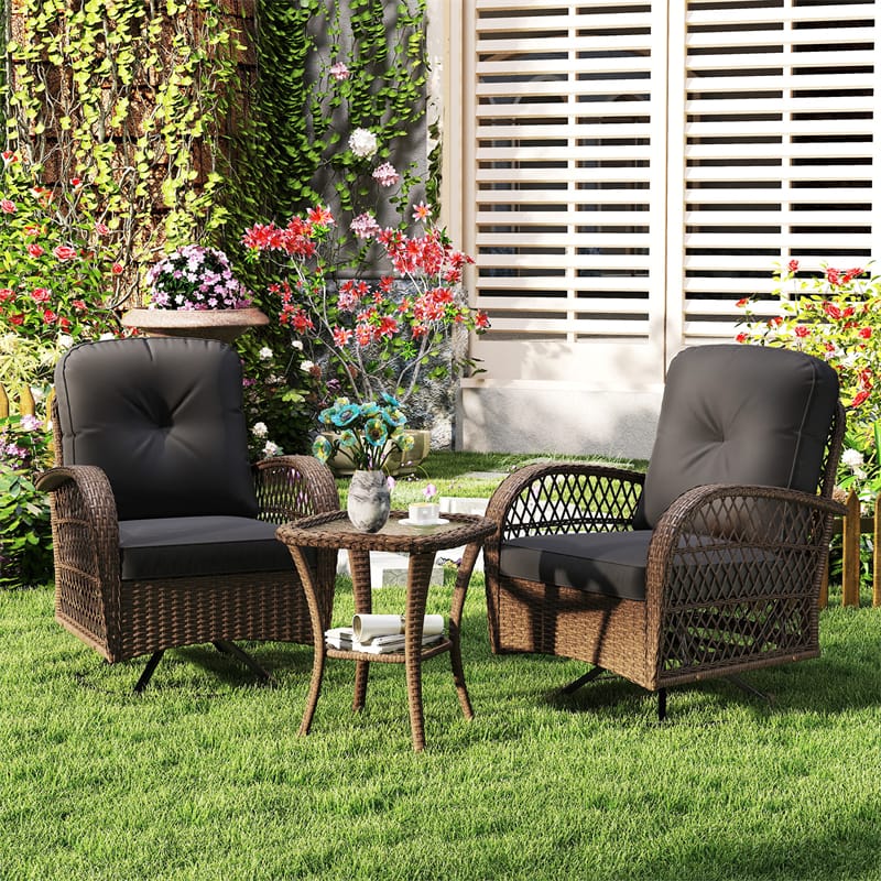 3 Piece Patio Wicker Swivel Rocker Chair Set, Outdoor Rattan Glider Bistro Furniture Set with 2-Tier Tempered Glass Side Table & Cushions