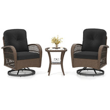 3 Piece Patio Wicker Swivel Rocker Chair Set, Outdoor Rattan Glider Bistro Furniture Set with 2-Tier Tempered Glass Side Table & Cushions