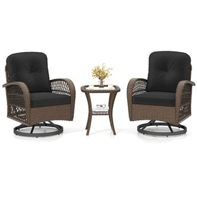 3 Piece Patio Wicker Swivel Rocker Chair Set, Outdoor Rattan Glider Bistro Furniture Set with 2-Tier Tempered Glass Side Table & Cushions