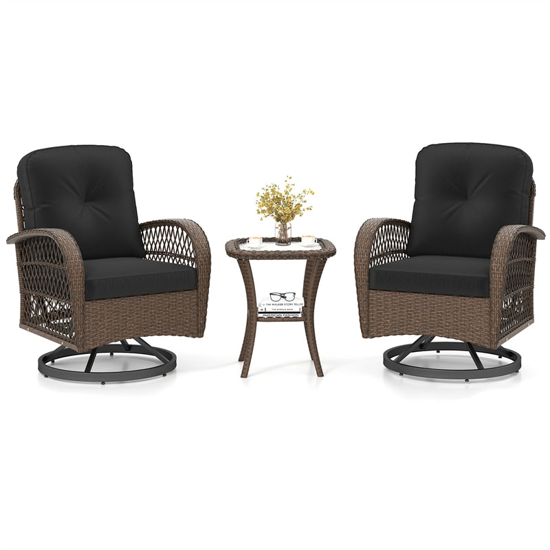 3 Piece Patio Wicker Swivel Rocker Chair Set, Outdoor Rattan Glider Bistro Furniture Set with 2-Tier Tempered Glass Side Table & Cushions