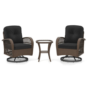 3 Piece Patio Wicker Swivel Rocker Chair Set, Outdoor Rattan Glider Bistro Furniture Set with 2-Tier Tempered Glass Side Table & Cushions