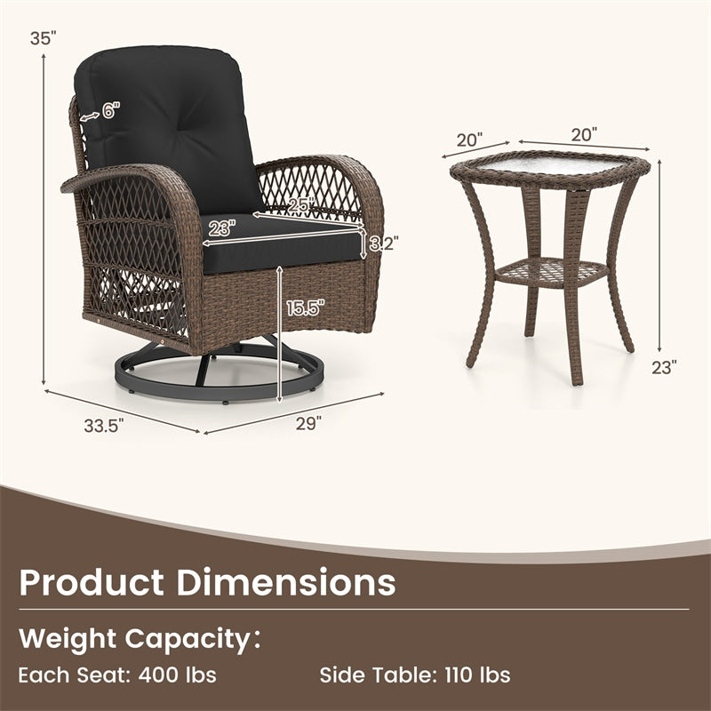 3 Piece Patio Wicker Swivel Rocker Chair Set, Outdoor Rattan Glider Bistro Furniture Set with 2-Tier Tempered Glass Side Table & Cushions