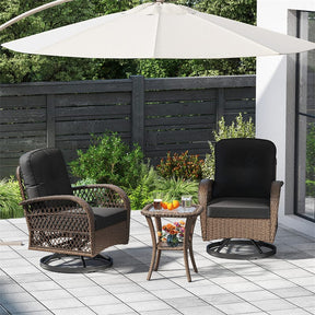 3 Piece Patio Wicker Swivel Rocker Chair Set, Outdoor Rattan Glider Bistro Furniture Set with 2-Tier Tempered Glass Side Table & Cushions