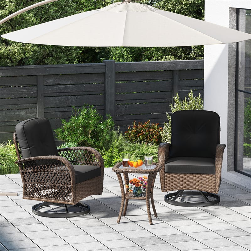 3 Piece Patio Wicker Swivel Rocker Chair Set, Outdoor Rattan Glider Bistro Furniture Set with 2-Tier Tempered Glass Side Table & Cushions