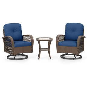 3 Piece Patio Wicker Swivel Rocker Chair Set, Outdoor Rattan Glider Bistro Furniture Set with 2-Tier Tempered Glass Side Table & Cushions