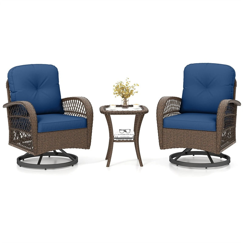 3 Piece Patio Wicker Swivel Rocker Chair Set, Outdoor Rattan Glider Bistro Furniture Set with 2-Tier Tempered Glass Side Table & Cushions