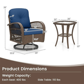 3 Piece Patio Wicker Swivel Rocker Chair Set, Outdoor Rattan Glider Bistro Furniture Set with 2-Tier Tempered Glass Side Table & Cushions