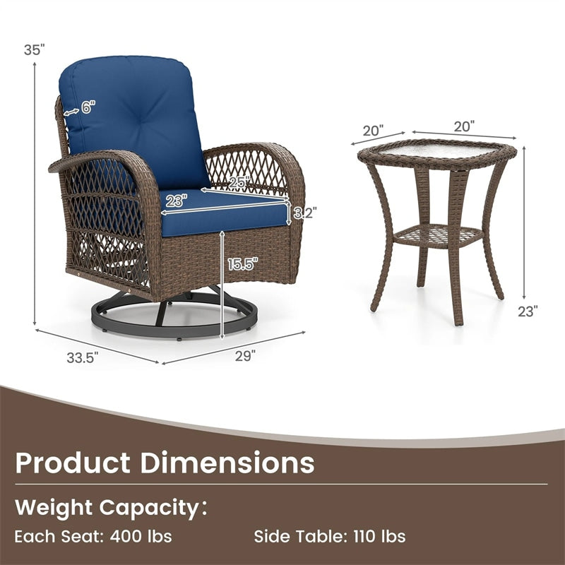 3 Piece Patio Wicker Swivel Rocker Chair Set, Outdoor Rattan Glider Bistro Furniture Set with 2-Tier Tempered Glass Side Table & Cushions