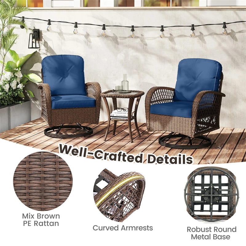 3 Piece Patio Wicker Swivel Rocker Chair Set, Outdoor Rattan Glider Bistro Furniture Set with 2-Tier Tempered Glass Side Table & Cushions