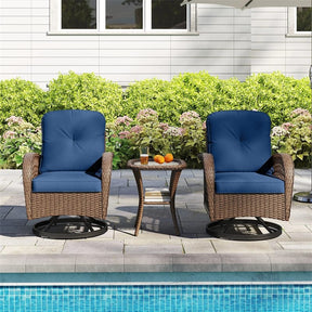 3 Piece Patio Wicker Swivel Rocker Chair Set, Outdoor Rattan Glider Bistro Furniture Set with 2-Tier Tempered Glass Side Table & Cushions