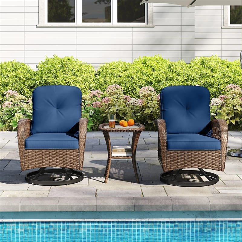 3 Piece Patio Wicker Swivel Rocker Chair Set, Outdoor Rattan Glider Bistro Furniture Set with 2-Tier Tempered Glass Side Table & Cushions