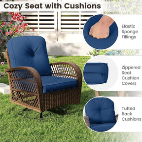 3 Piece Patio Wicker Swivel Rocker Chair Set, Outdoor Rattan Glider Bistro Furniture Set with 2-Tier Tempered Glass Side Table & Cushions