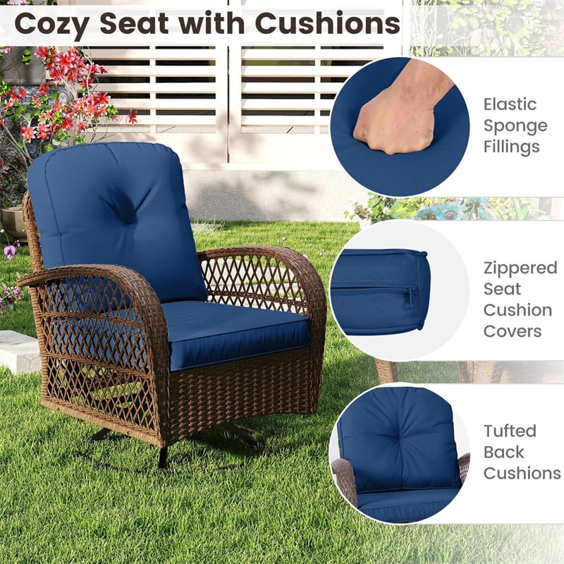 3 Piece Patio Wicker Swivel Rocker Chair Set, Outdoor Rattan Glider Bistro Furniture Set with 2-Tier Tempered Glass Side Table & Cushions