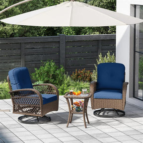 3 Piece Patio Wicker Swivel Rocker Chair Set, Outdoor Rattan Glider Bistro Furniture Set with 2-Tier Tempered Glass Side Table & Cushions