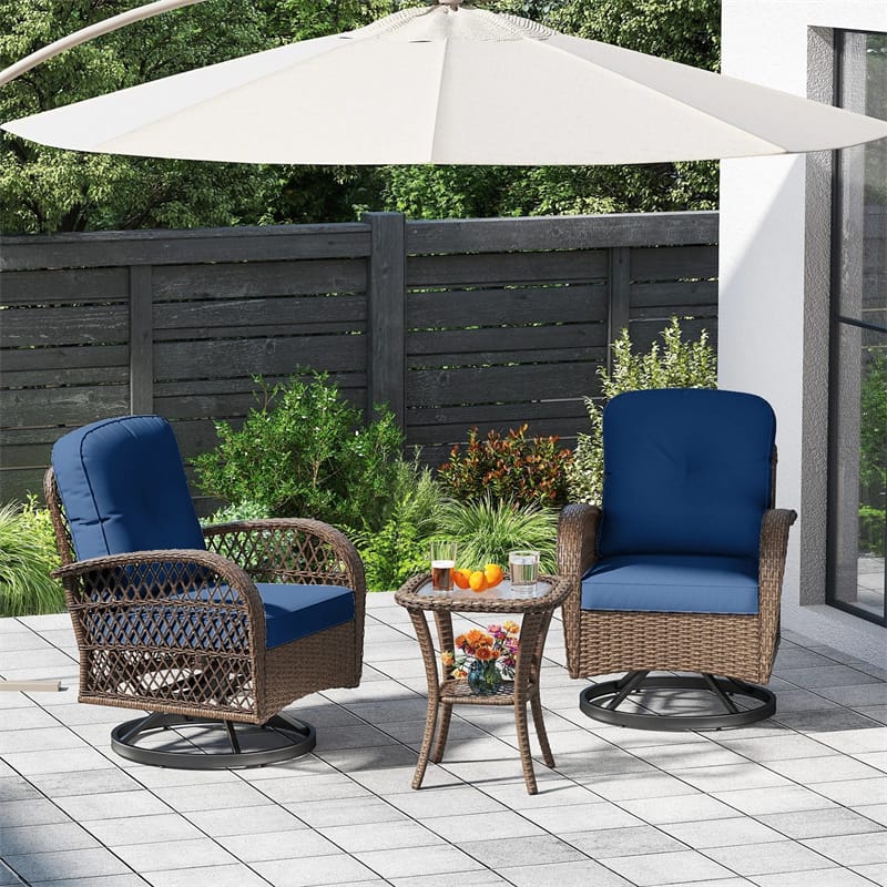 3 Piece Patio Wicker Swivel Rocker Chair Set, Outdoor Rattan Glider Bistro Furniture Set with 2-Tier Tempered Glass Side Table & Cushions