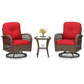 3 Piece Patio Wicker Swivel Rocker Chair Set, Outdoor Rattan Glider Bistro Furniture Set with 2-Tier Tempered Glass Side Table & Cushions