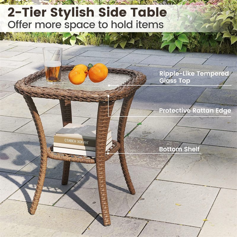 3 Piece Patio Wicker Swivel Rocker Chair Set, Outdoor Rattan Glider Bistro Furniture Set with 2-Tier Tempered Glass Side Table & Cushions