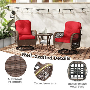 3 Piece Patio Wicker Swivel Rocker Chair Set, Outdoor Rattan Glider Bistro Furniture Set with 2-Tier Tempered Glass Side Table & Cushions