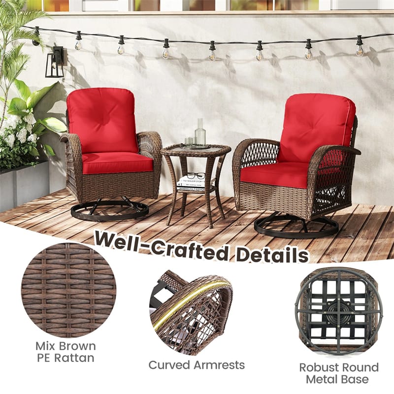 3 Piece Patio Wicker Swivel Rocker Chair Set, Outdoor Rattan Glider Bistro Furniture Set with 2-Tier Tempered Glass Side Table & Cushions