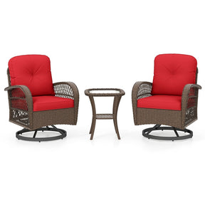 3 Piece Patio Wicker Swivel Rocker Chair Set, Outdoor Rattan Glider Bistro Furniture Set with 2-Tier Tempered Glass Side Table & Cushions