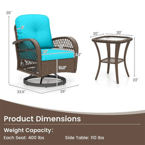 3 Piece Patio Wicker Swivel Rocker Chair Set, Outdoor Rattan Glider Bistro Furniture Set with 2-Tier Tempered Glass Side Table & Cushions