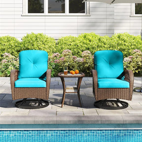 3 Piece Patio Wicker Swivel Rocker Chair Set, Outdoor Rattan Glider Bistro Furniture Set with 2-Tier Tempered Glass Side Table & Cushions
