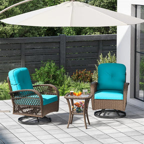 3 Piece Patio Wicker Swivel Rocker Chair Set, Outdoor Rattan Glider Bistro Furniture Set with 2-Tier Tempered Glass Side Table & Cushions