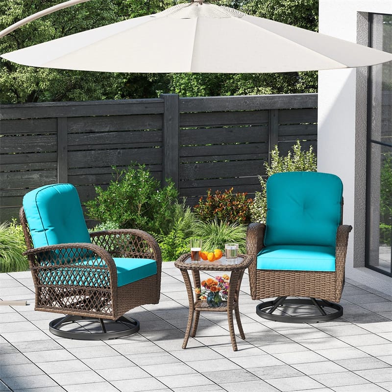 3 Piece Patio Wicker Swivel Rocker Chair Set, Outdoor Rattan Glider Bistro Furniture Set with 2-Tier Tempered Glass Side Table & Cushions