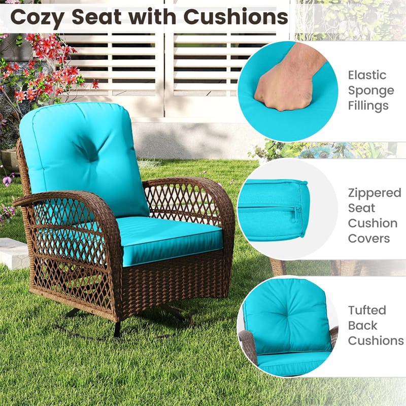 3 Piece Patio Wicker Swivel Rocker Chair Set, Outdoor Rattan Glider Bistro Furniture Set with 2-Tier Tempered Glass Side Table & Cushions