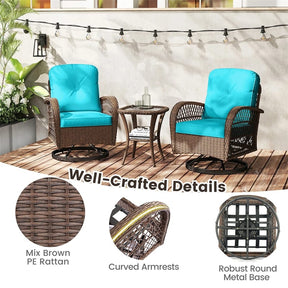 3 Piece Patio Wicker Swivel Rocker Chair Set, Outdoor Rattan Glider Bistro Furniture Set with 2-Tier Tempered Glass Side Table & Cushions