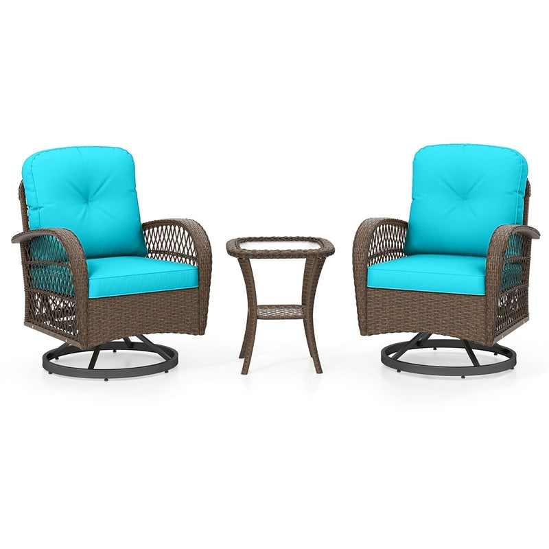 3 Piece Patio Wicker Swivel Rocker Chair Set, Outdoor Rattan Glider Bistro Furniture Set with 2-Tier Tempered Glass Side Table & Cushions