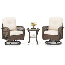 3 Piece Patio Wicker Swivel Rocker Chair Set, Outdoor Rattan Glider Bistro Furniture Set with 2-Tier Tempered Glass Side Table & Cushions