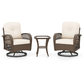 3 Piece Patio Wicker Swivel Rocker Chair Set, Outdoor Rattan Glider Bistro Furniture Set with 2-Tier Tempered Glass Side Table & Cushions