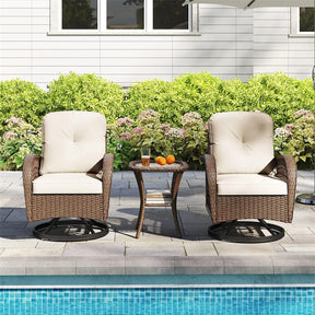 3 Piece Patio Wicker Swivel Rocker Chair Set, Outdoor Rattan Glider Bistro Furniture Set with 2-Tier Tempered Glass Side Table & Cushions