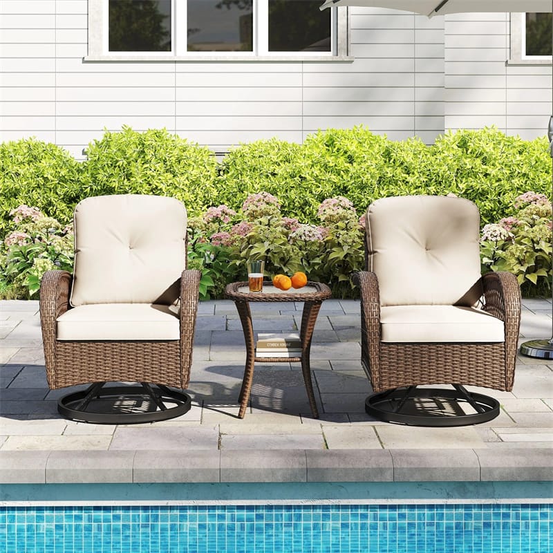 3 Piece Patio Wicker Swivel Rocker Chair Set, Outdoor Rattan Glider Bistro Furniture Set with 2-Tier Tempered Glass Side Table & Cushions