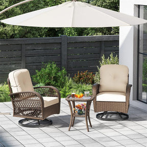 3 Piece Patio Wicker Swivel Rocker Chair Set, Outdoor Rattan Glider Bistro Furniture Set with 2-Tier Tempered Glass Side Table & Cushions