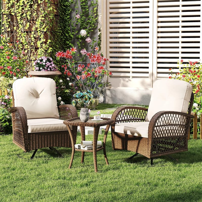 3 Piece Patio Wicker Swivel Rocker Chair Set, Outdoor Rattan Glider Bistro Furniture Set with 2-Tier Tempered Glass Side Table & Cushions