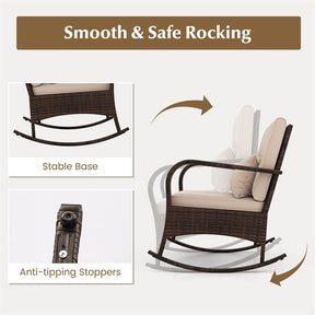 3-Piece Outdoor Wicker Rocking Chair Set, Rattan Bistro Rocker Furniture with Cushions & Pillows, Tempered Glass Coffee Table for Porch Balcony