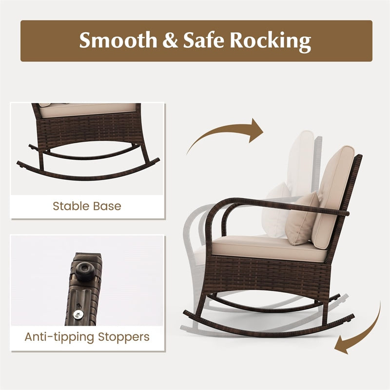 3-Piece Outdoor Wicker Rocking Chair Set, Rattan Bistro Rocker Furniture with Cushions & Pillows, Tempered Glass Coffee Table for Porch Balcony