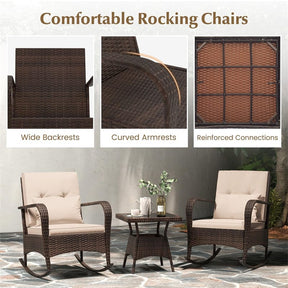 3-Piece Outdoor Wicker Rocking Chair Set, Rattan Bistro Rocker Furniture with Cushions & Pillows, Tempered Glass Coffee Table for Porch Balcony