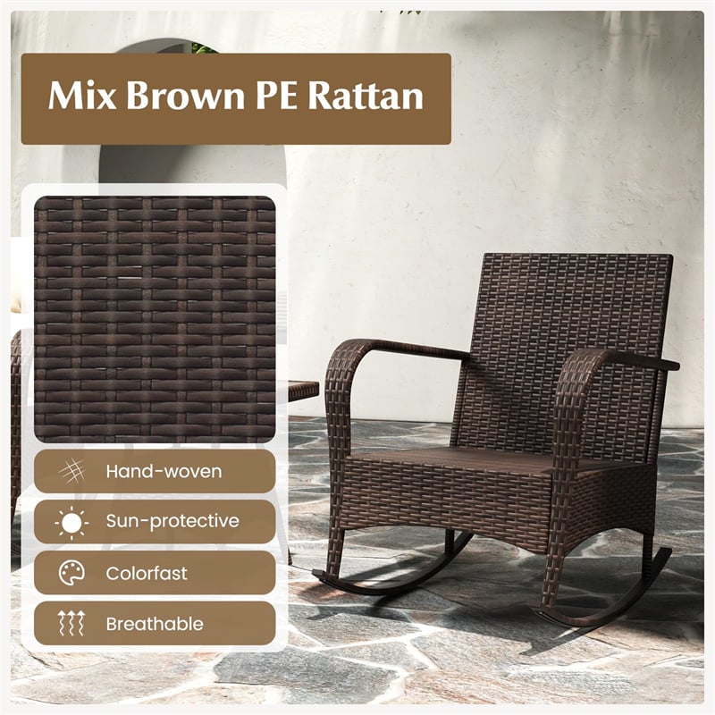 3-Piece Outdoor Wicker Rocking Chair Set, Rattan Bistro Rocker Furniture with Cushions & Pillows, Tempered Glass Coffee Table for Porch Balcony