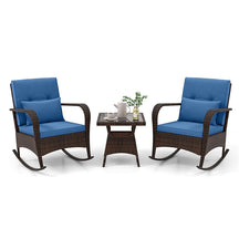 3-Piece Outdoor Wicker Rocking Chair Set, Rattan Bistro Rocker Furniture with Cushions & Pillows, Tempered Glass Coffee Table for Porch Balcony