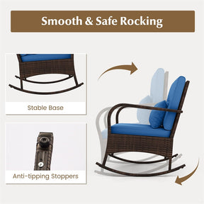 3-Piece Outdoor Wicker Rocking Chair Set, Rattan Bistro Rocker Furniture with Cushions & Pillows, Tempered Glass Coffee Table for Porch Balcony