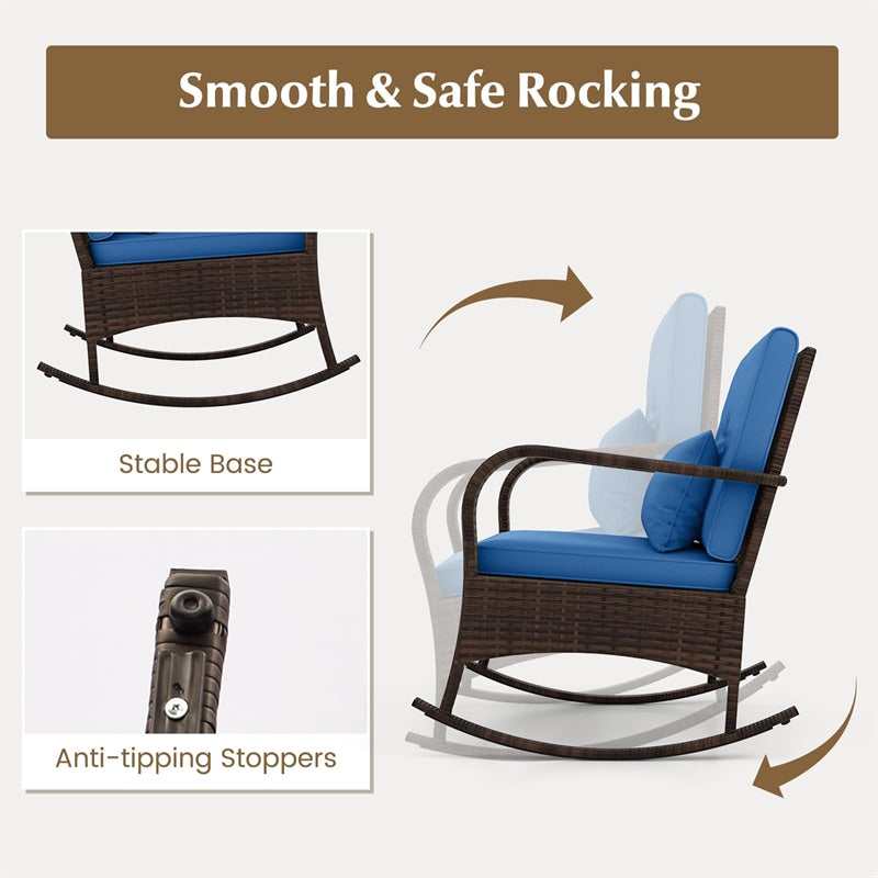 3-Piece Outdoor Wicker Rocking Chair Set, Rattan Bistro Rocker Furniture with Cushions & Pillows, Tempered Glass Coffee Table for Porch Balcony