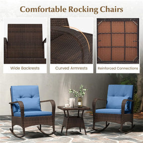 3-Piece Outdoor Wicker Rocking Chair Set, Rattan Bistro Rocker Furniture with Cushions & Pillows, Tempered Glass Coffee Table for Porch Balcony
