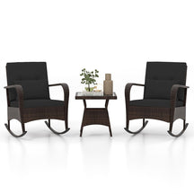 3-Piece Outdoor Wicker Rocking Chair Set, Rattan Bistro Rocker Furniture with Cushions & Pillows, Tempered Glass Coffee Table for Porch Balcony